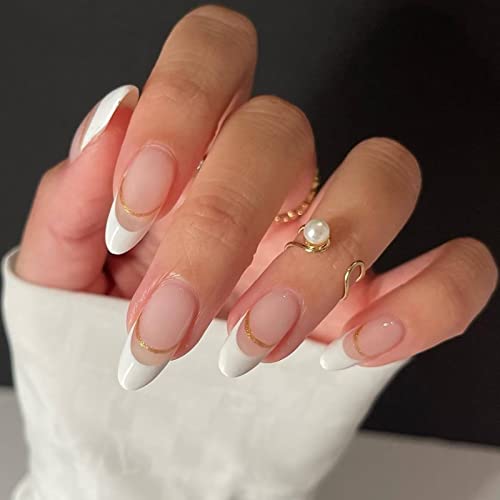 RUNRAYAY Medium Length French Tips Press on Nails with Designs, Nude White Acrylic Nails Press On, Stick on Nails for Women, Glue on Nails Fake N