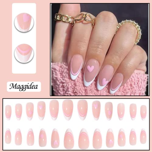 False Nails Medium Length, Acrylic French Stick on Nails, 24pcs Almond Pink Press On Nails with Glue Elegant Ballet Heart Design Sweet Fake Nails