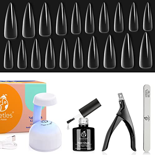 Beetles Easy Gel Tips Nail Extension Kit, 2 In 1 Nail Glue Gel Base Coat with Pre-shaped Medium Almond Nails and U V LED Nail Lamp Acrylic Nail C