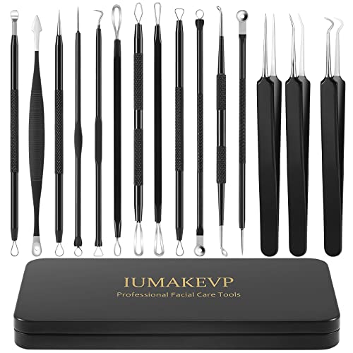 Blackhead Remover Tool Kit, IUMAKEVP 15 PCS Professional Stainless Steel Pimple Popper Comedone Extractor Tools for Removing Pimples, Blackheads,