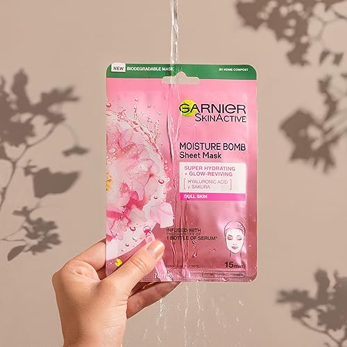 Garnier Moisture Bomb Sakura and Hyaluronic Acid Sheet Mask, Hydrating and Glow Reviving Face Mask For Dull Skin, Biodegradable and Vegan Tissue,