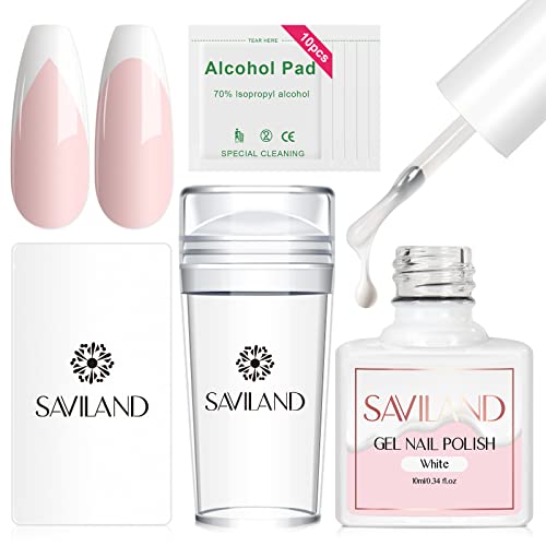 Saviland French Nail Stamp Kit – Clear Nail Stamper with White Gel Nail Polish & Nail Scraper French Nail Tip Tools Silicone Jelly French Tip Sta
