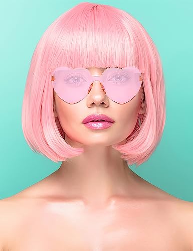 PLANTURECO Pink Wig and Party Sunglasses, Pink Wigs for Women, Pink Wig with Bangs, Light Pink Wig, Pink Bob Wig, Pink Cosplay Wigs and Party Wig