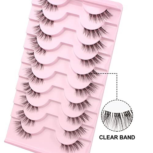 Parriparri Eyelashes with Clear Band Half Lashes Natural Look 10 Pairs Volume Cat Eye Lashes Fluffy Wispy Demi False Eylashes Corner Fake Lashes