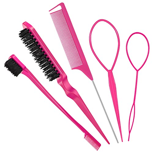 Fuyamp 5 In 1 Slick Brush Set Teasing Brush Set, Plastic Bristle Hair Brush Teasing Comb Edge Hair Brush Grooming Combs Sturdy Rat Tail Comb Doub
