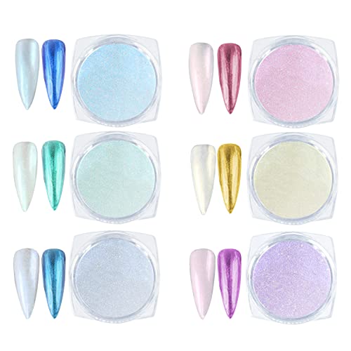 URAQT Chrome Nail Powder, 6Pcs Holographic Pearl Nail Powder, Ice Mermaid Aurora Nail Art Pigment Powder with 2 Sponge Brush, Mirror Effect Pigme