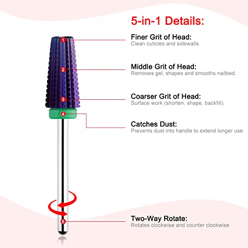 BNG 5 in 1 Carbide Nail Drill Bit Fast Remove Acrylic & Hard Gel Professional 3/32" Electric Nail Drill Tungsten Steel Bits Manicure Pedicure Pro