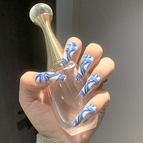 RUNRAYAY Medium Length French Tips Press on Nails with Designs, Nude White Acrylic Nails Press On, Stick on Nails for Women, Glue on Nails Fake N