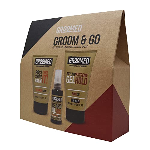 Groomed Groom & Go Set (Post Shave Balm, Bear Oil & Gel Hold) - The Essential Edit of Skin & Haircare. Get Ready to Look Good & Feel Great