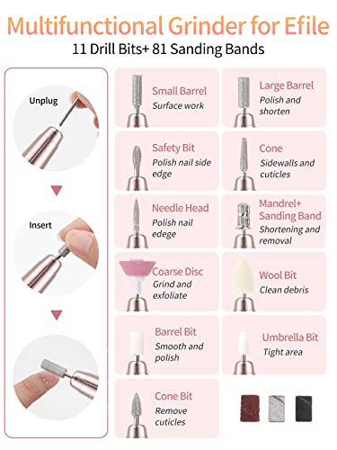 LIONVISON Electric Nail Files, Portable Electric Nail Drill Bits 20000 RPM Adjustable Speed, Professional Manicure Pedicure Set with 11 Drill Bit