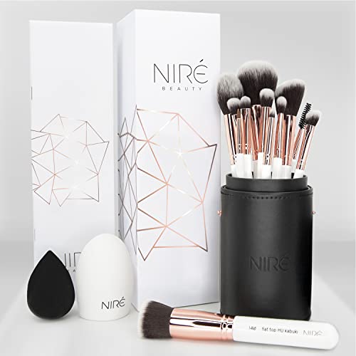 Niré Beauty Professional Makeup Brushes - 15-piece Award Winning Vegan Makeup Brush Set with Case, Blending Sponge, Brush Cleaner, Guide, Gift Bo