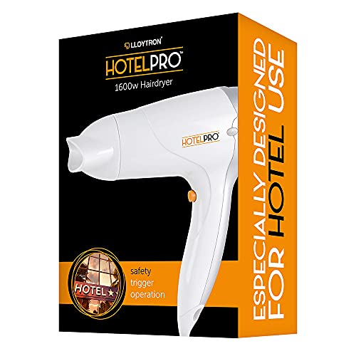 HotelPro 1600w Hotel B&B Hair Dryer - 3 Heat Settings - 2 Speed Settings - Concentrator Nozzle - Hang Up Loop - Safety Cut-Off - White - H1313WH