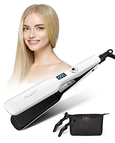 CkeyiN Hair Straightener Wide Plates, 1.8 inch Tourmaline Ceramic Flat Iron with 12-Speed Temperature LED Display, Dual Voltage 30s PTC Fast Heat