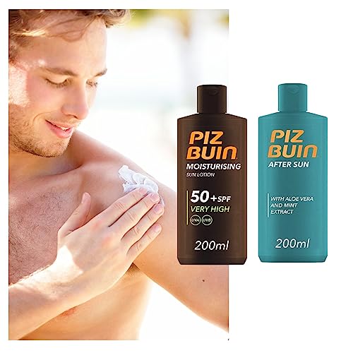 Piz Buin Sun Lotion SPF50+ 200ml bundled with After Sun Soothing Cooling Moisturising Lotion 200ml with Aloe Vera and Mint Extract - Sun Protecti