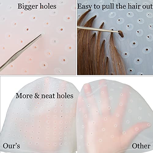 Punched Hole Silicone Highlight Hair Cap with Needle Professional Reusable Highlighting Poked Hole Caps with Hooks for Color Hair Salon Hairdress