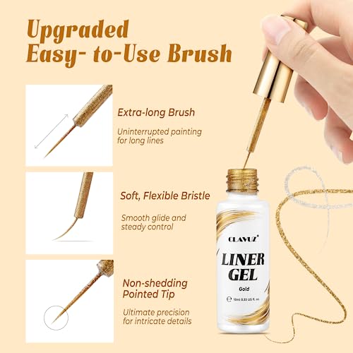 CLAVUZ Liner Nail Gel Polish, 2pcs Gold & Silver Glitter Gel Liner Nail Art Set Soak Off French Manicure Gel for Drawing Lines/Color Painting, UV