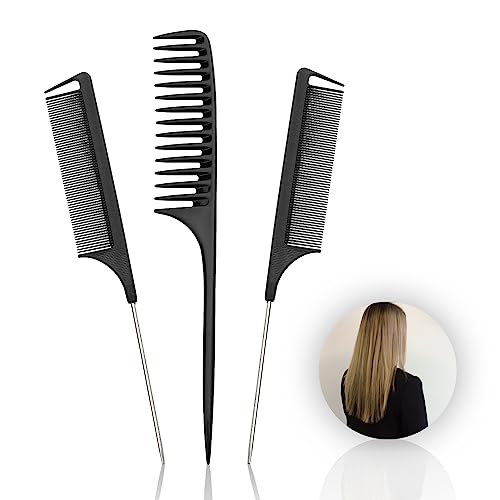 Hair Comb Set - Wide Tooth Rat Tail Comb 2pc Fine Tooth Rat Tails Comb for Parting long handle Detangler Pin Tail Comb for Sectioning Foiling Bra