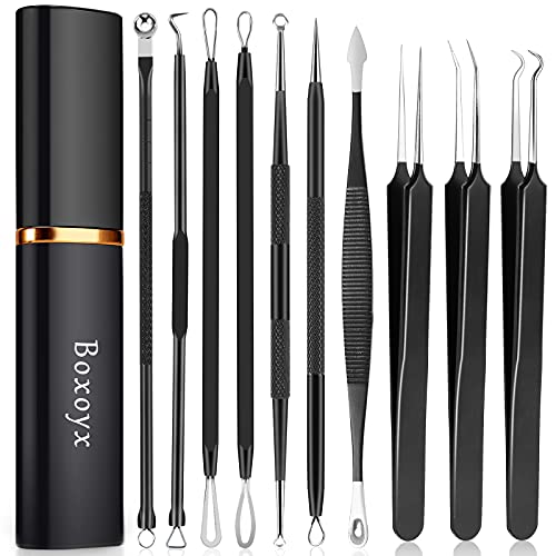 Boxoyx Pimple Popper Tool Kit - 10Pcs Blackhead Remover Comedone Extractor Tool Kit with Metal Case for Quick and Easy Removal of Pimples, Blackh