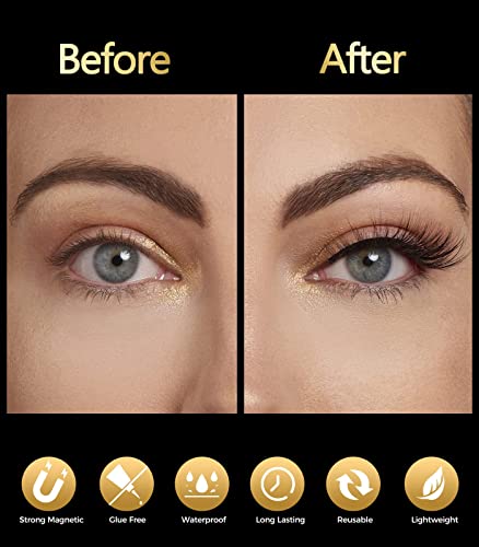 Magnetic Eyelashs Natural Look, Larbois 5 Paires Magnetic Eyelashes with Eyeliner Kit, Self Adhesive&Reusable Fluffy Fake Eyelashes Set and Water