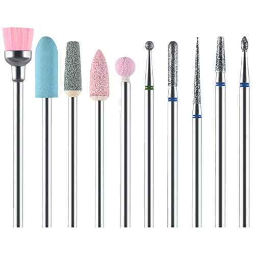 URAQT Nail Drill Bits Set, 10 pcs Electric Nail Drill Bits Kit 3/32", Professional Cuticle Polishing Bits for Acrylic Gel Nails, Electric Nail Fi