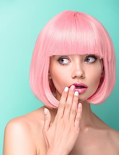 PLANTURECO Pink Wig and Party Sunglasses, Pink Wigs for Women, Pink Wig with Bangs, Light Pink Wig, Pink Bob Wig, Pink Cosplay Wigs and Party Wig