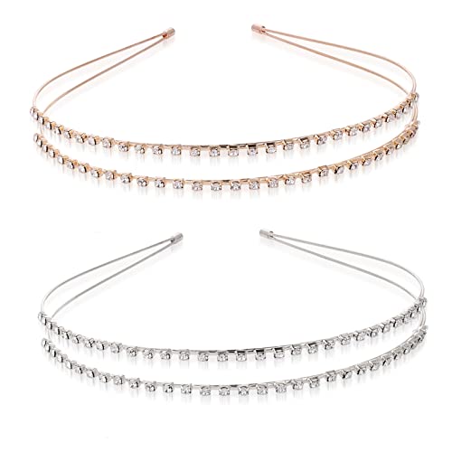 Sibba 2 Pack Double-layer Rhinestone Hair Hoop Headband Metal Hair band Shiny Crystal Headbands for Princess Wedding Bridal Headpieces(Gold+Silve