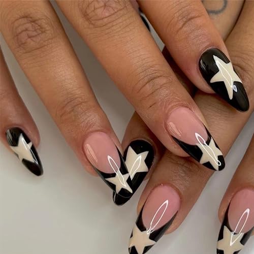 False Nails Medium Length, Acrylic French Stick on Nails, 24pcs Almond Pink Press On Nails with Glue Elegant Ballet Heart Design Sweet Fake Nails