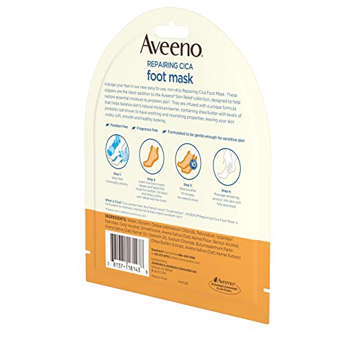 Aveeno Repairing CICA Foot Mask with Prebiotic Oat and Shea Butter, Moisturizing Foot Mask for Extra Dry Skin, 1 Pair of Single-Use Slippers