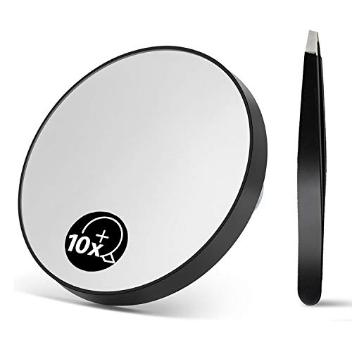 OMIRO 10X Magnifying Mirror, Travel Size Suction Magnifier Mirror for Makeup & Bathroom Shaving (8.8cm Black,with Tweezer)