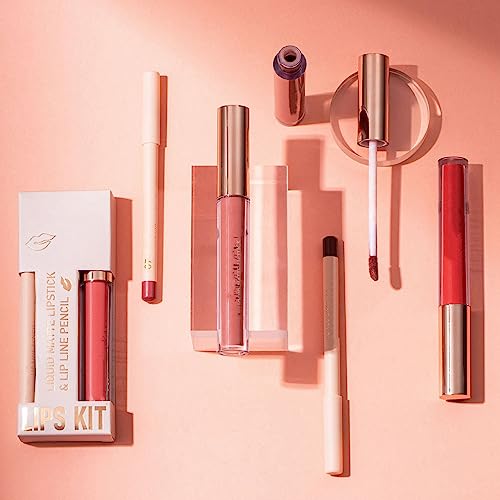 Nude Liquid Lipgloss - Lip Liner and Lipstick Set - Non-Sticky Long Lasting Waterproof Lip Stain - Highly Pigment Lip Stick & Lipliner Pencil - L