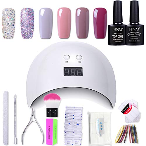 Gel Nail Polish HNM 6 Gel Nail Starter Kit with 24W LED Curing Lamp Base and Top Coat UV LED Soak Off Nail Polish Remover Wrap Manicure Tools Gif