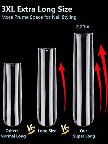 LIONVISON 3XL Extra Long Tapered Square False Nails, 240Pcs Clear Square Straight Fake Nail Tips for Acrylic Nails, 12 Sizes Full Cover Press On
