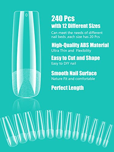 Deciniee Gel Nail Tips, 240Pcs Full Cover Square Straight Nail Tips for Gel Extensions, 12 Sizes False Square Nails Tips for Acrylic Nails, Profe