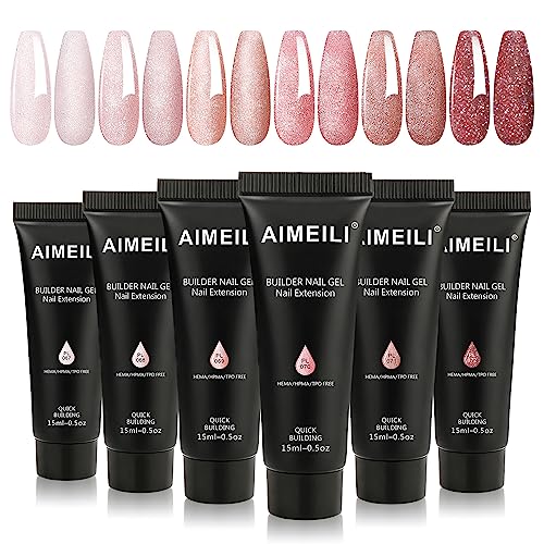 AIMEILI Poly Nail Gel Set, 6 Colors 15ml Nude Pink Brown Daily Collection Nail Extension Gel Set Builder Nail Gel French Manicure DIY Design Nail