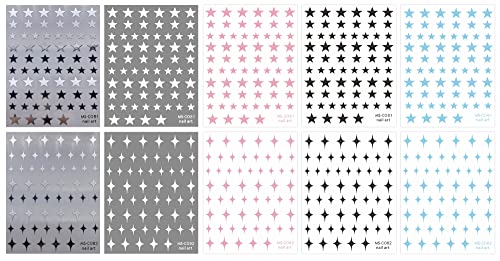 JMEOWIO 10 Sheets Colorful Star Nail Art Stickers Decals Self-Adhesive Platinum Black Silver Nail Supplies Nail Art Design Decoration Accessories