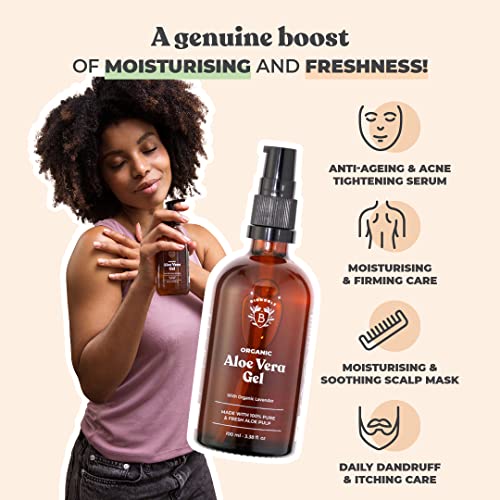 Bionoble Organic Aloe Vera Gel 100ml - Made with 100% Pure Fresh Aloe Pulp and Organic Lavender - Xanthan Free - Face, Eye Contour, Body, Hair -