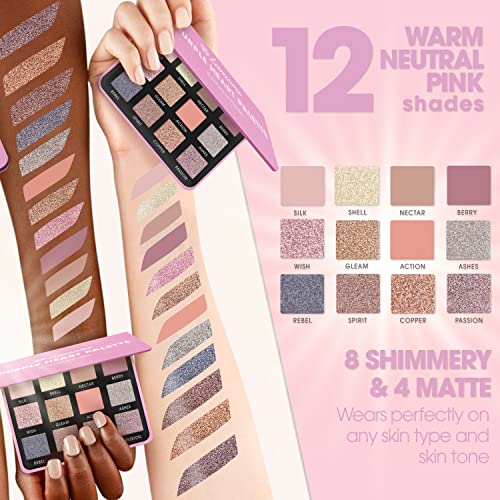 Rose Nude Pink Eyeshadow Palette - Shimmer Matte Eye Shadow Pallet With 12 Highly Pigmented Colours For Professional Everyday Make Up Looks - Tra
