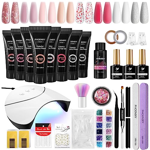 Poly Nail Gel Kit, Phoenixy 8 Pcs Poly Nail Extension Gel Set with Nail Lamp, Gloss Matte Top Coat, Nail Extension Gel Set for Beginners DIY Nail