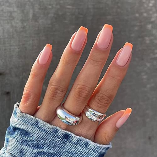 RUNRAYAY Medium Length French Tips Press on Nails with Designs, Nude White Acrylic Nails Press On, Stick on Nails for Women, Glue on Nails Fake N