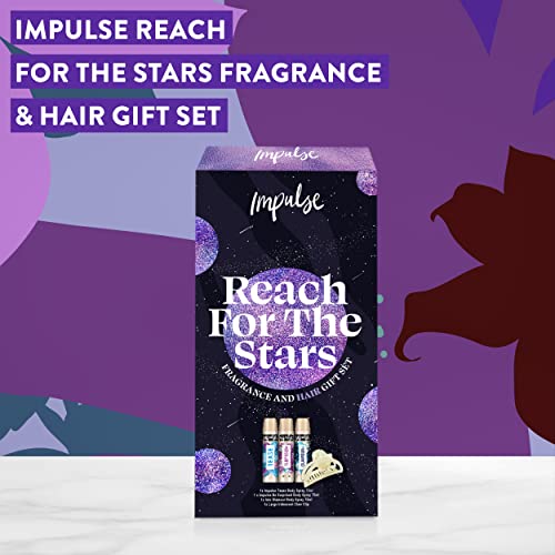 Impulse Reach For The Stars Fragrance & Hair with a Pearly Iridescent Hair Claw Clip Christmas Body Spray Gift Set Perfect Gifts for Her, 3 Piece