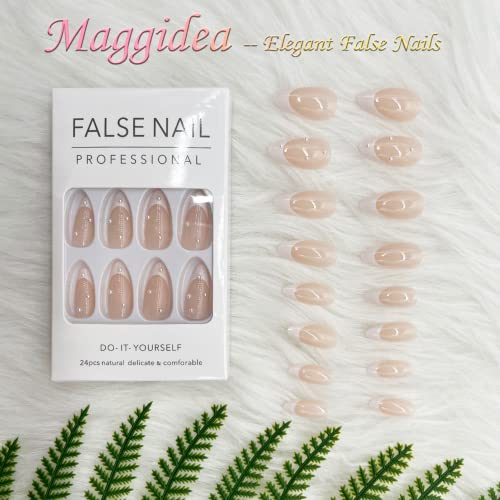French False Nails, Press on Nails Medium Length, Acrylic White Tip Pearl Stick on Nails, 24pcs Almond False Nails with Glue Elegant Ballerina Fa