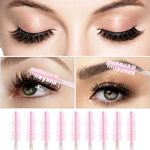 Rofitbest Disposable Crystal Eye Brush, Lash Spoolies Eyebrow Brush Pink Brush Mascara Wands, Eyelash Mascara Brushes Eye Lash Applicator Brush (