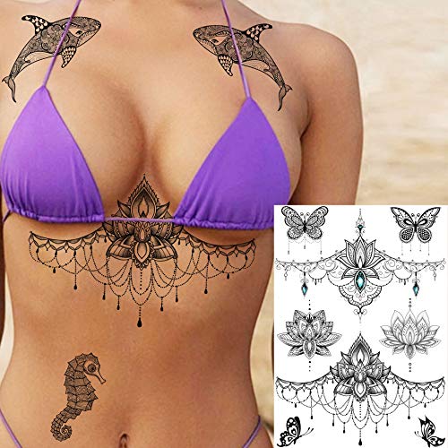 EGMBGM 28 Sheets Tribal Black Temporary Tattoos For Women Girls, Waterproof Fake Tattoos Temporary Elephant Ganesha Lace Tattoo Kits, Lotus Manda