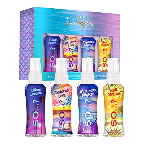 So…? Summer Escapes, Body Mist by So…? & Unique Womens Gift Sets Bundle, Body Mist Fragrance Spray (4x50ml) Pack of 3