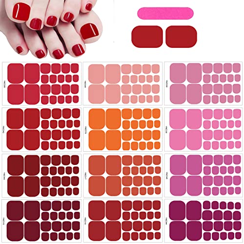 Mwoot 12 Sheets Red Pink Purple Toenails Stickers, Solid Color Full Nail Wraps for Toenails, Toe Nails Polish Strips Stickers, Nail Art Self Adhe