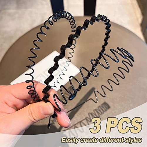 Qufiiry 3 Pcs Metal Hair Bands for Men, Metal Hair Hoop, Metal Headband, Non Slip and Durable Wavy Headband, Unisex Sport Fashion Hair Band Acces