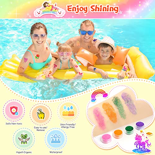 Glitter Tattoos for Kids, Sparkly Birthday Gift for 6 7 8 9 10 Year Old Girls, Temporary Tattoo Set Including Glitter, Tattoo Stencil, Luminous T