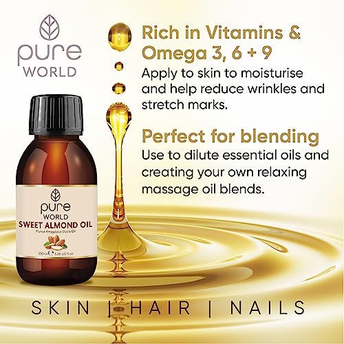 Pure World Almond Oil 100% Pure and Undiluted.100ml. Premium Italian Quality Almond Oil – Aromatherapy, Message, Skin, Nails, Body and Face, Vega