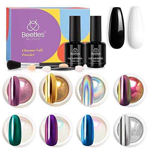 Beetles Chrome Nail Powder Kit Black White Colors Gel Polish Mirror Effect Holographic Aurora Iridescent Pearlescent Manicure Art Decoration Glit