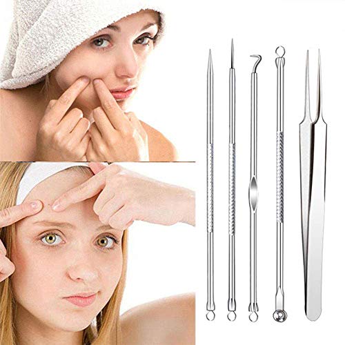 Blackhead Remover Tool Kit Comedone Extractor, Karpo 5 in1 Blackhead Cleaner Tweezers Kit, Curved Professional Stainless Pimple Acne Blemish Remo